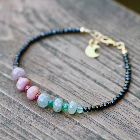 Sparkling Natural Black Spinel , Emerald and Sapphire Bracelet 14K Gold Filled - Picture 1 of 10